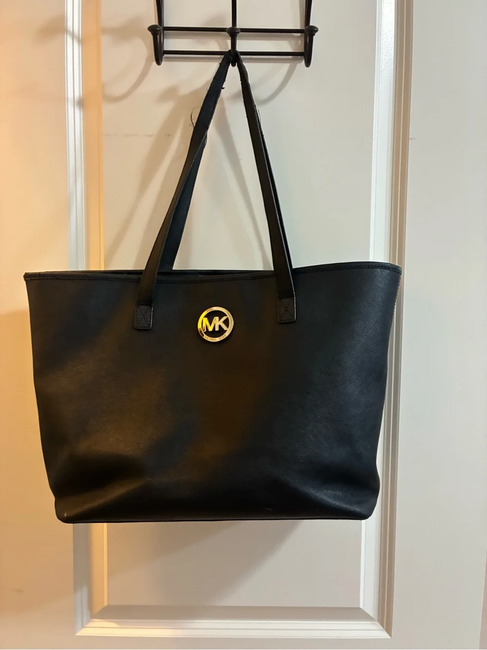 Michael Kors Black Leather Tote with Gold MK Emblem